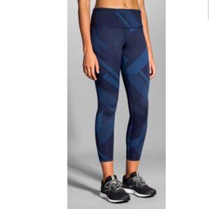 Brooks Navy Eclipse Jacquard Cropped Athletic Leggings Navy Blue Geometric Print